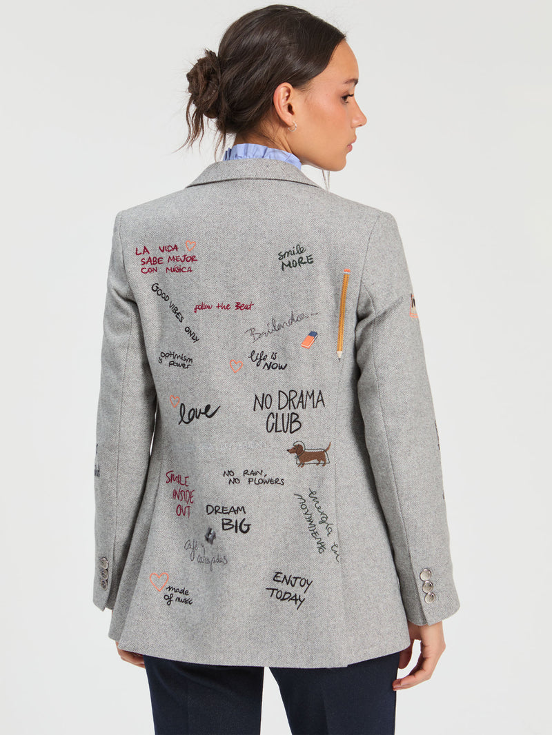 GREY HERRINGBONE JACKET DOODLE EMBROIDERY