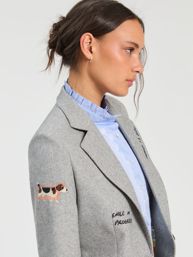 GREY HERRINGBONE JACKET DOODLE EMBROIDERY