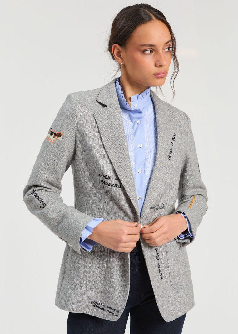 GREY HERRINGBONE JACKET DOODLE EMBROIDERY