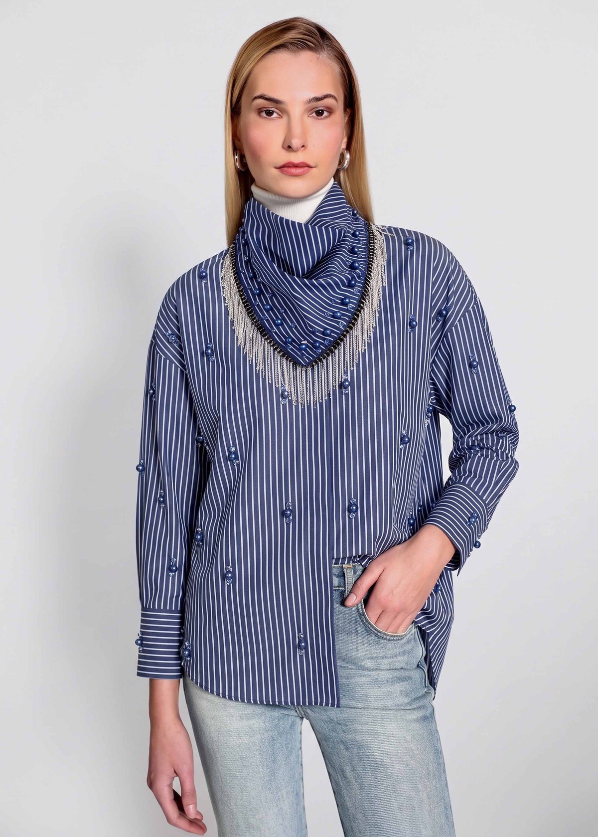 STRIPE EMBELLISHED SCARF INK BLUE