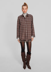 PLAID FLANNEL CRYSTAL FRINGE SHIRTDRESS