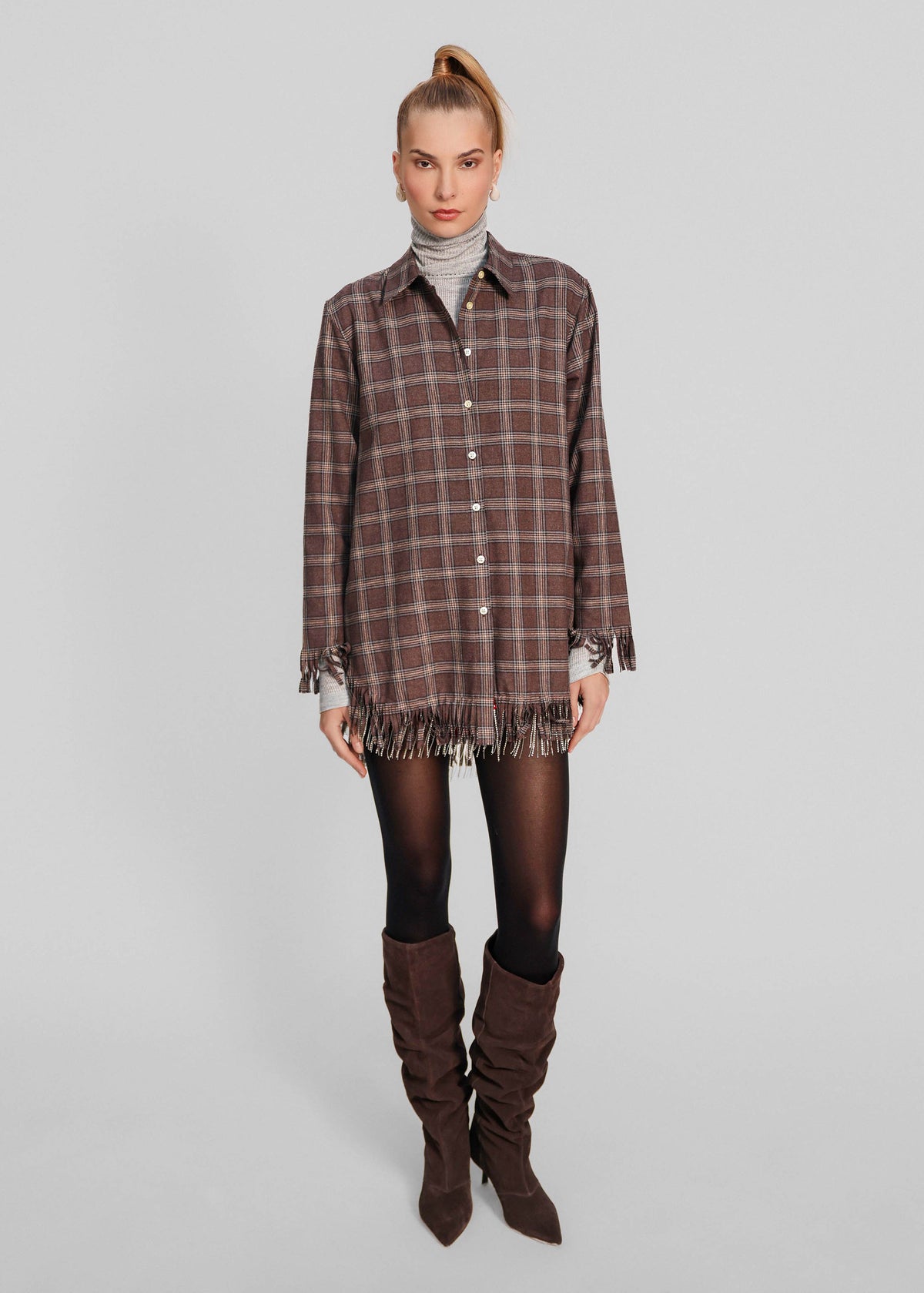 PLAID FLANNEL CRYSTAL FRINGE SHIRTDRESS