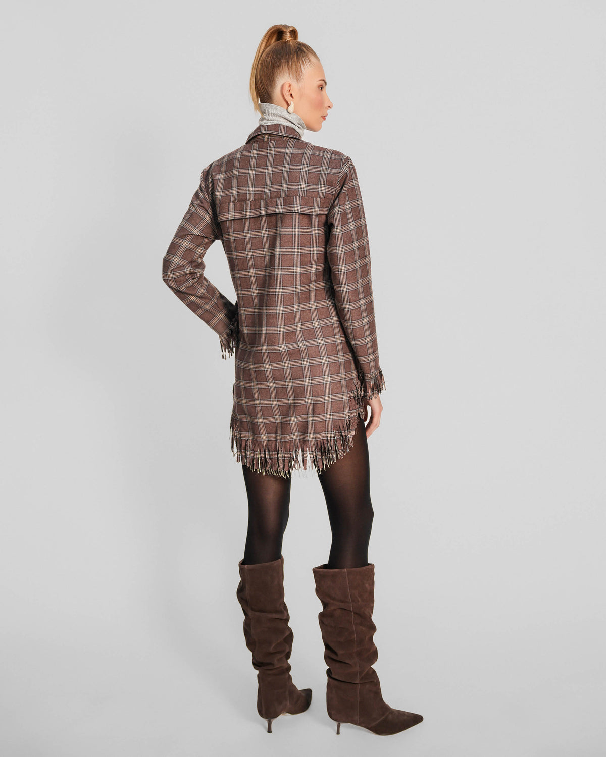 PLAID FLANNEL CRYSTAL FRINGE SHIRTDRESS