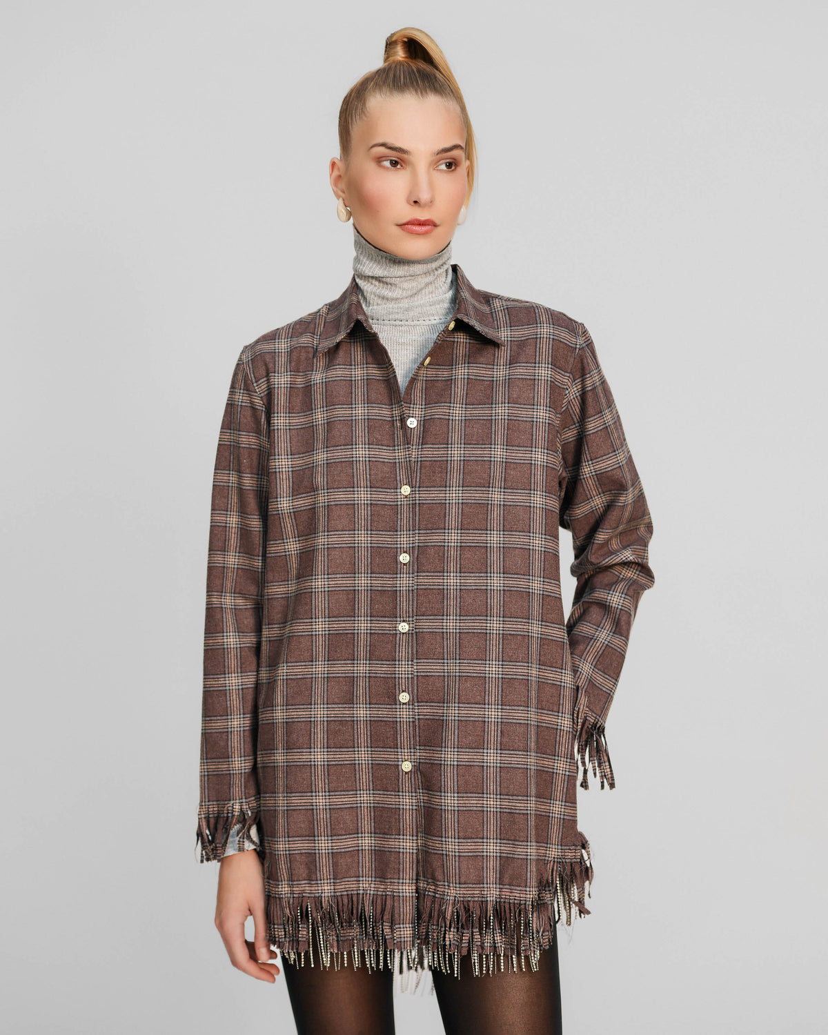 PLAID FLANNEL CRYSTAL FRINGE SHIRTDRESS