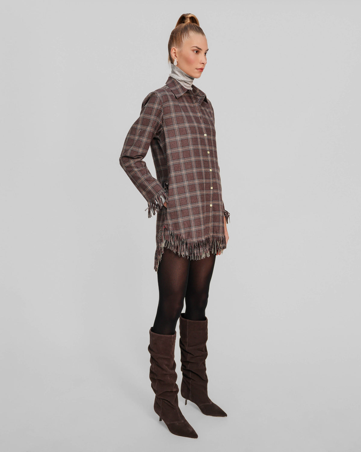 PLAID FLANNEL CRYSTAL FRINGE SHIRTDRESS