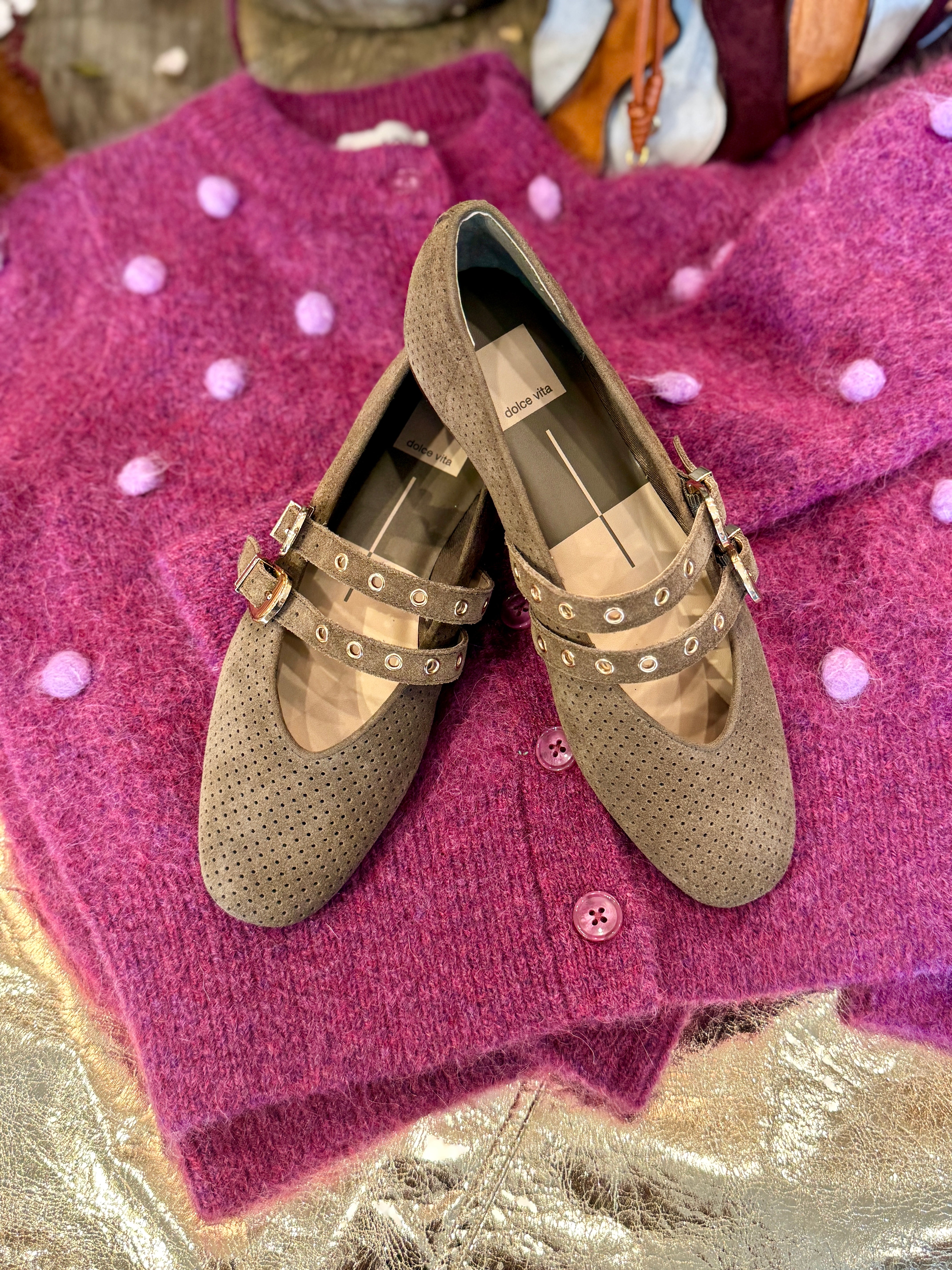BAYLEE GROMMET PERFORATED SUEDE BALLET FLAT