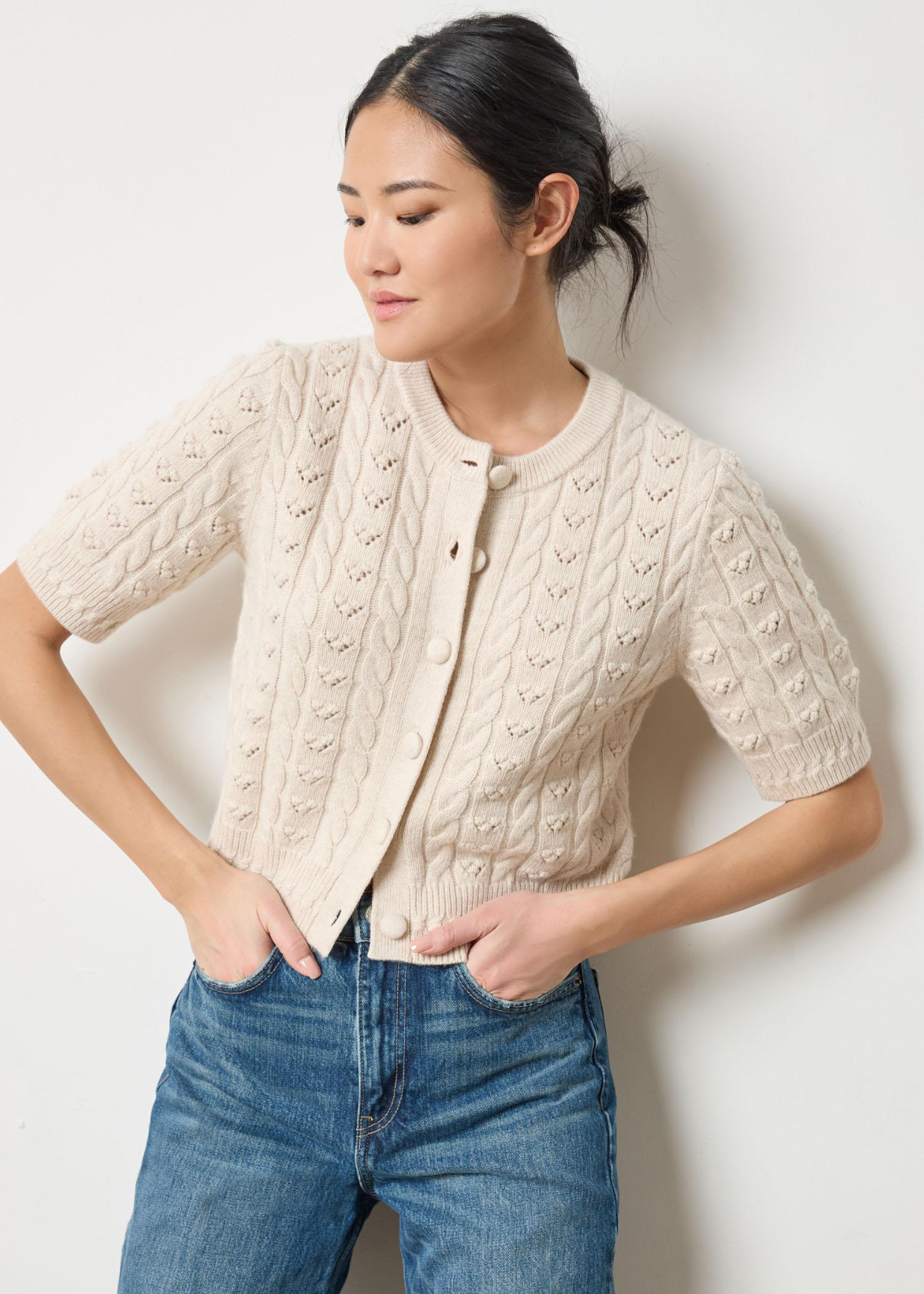 SHORT SLEEVE CARDIGAN SWEATER