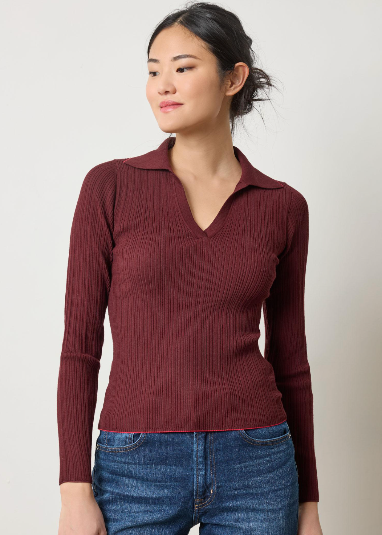 LONG SLEEVE RIB HENLEY SWEATER