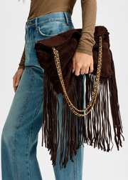 LARGE SUEDE FRINGE SLOUCH SHOULDER BAG ESPRESSO