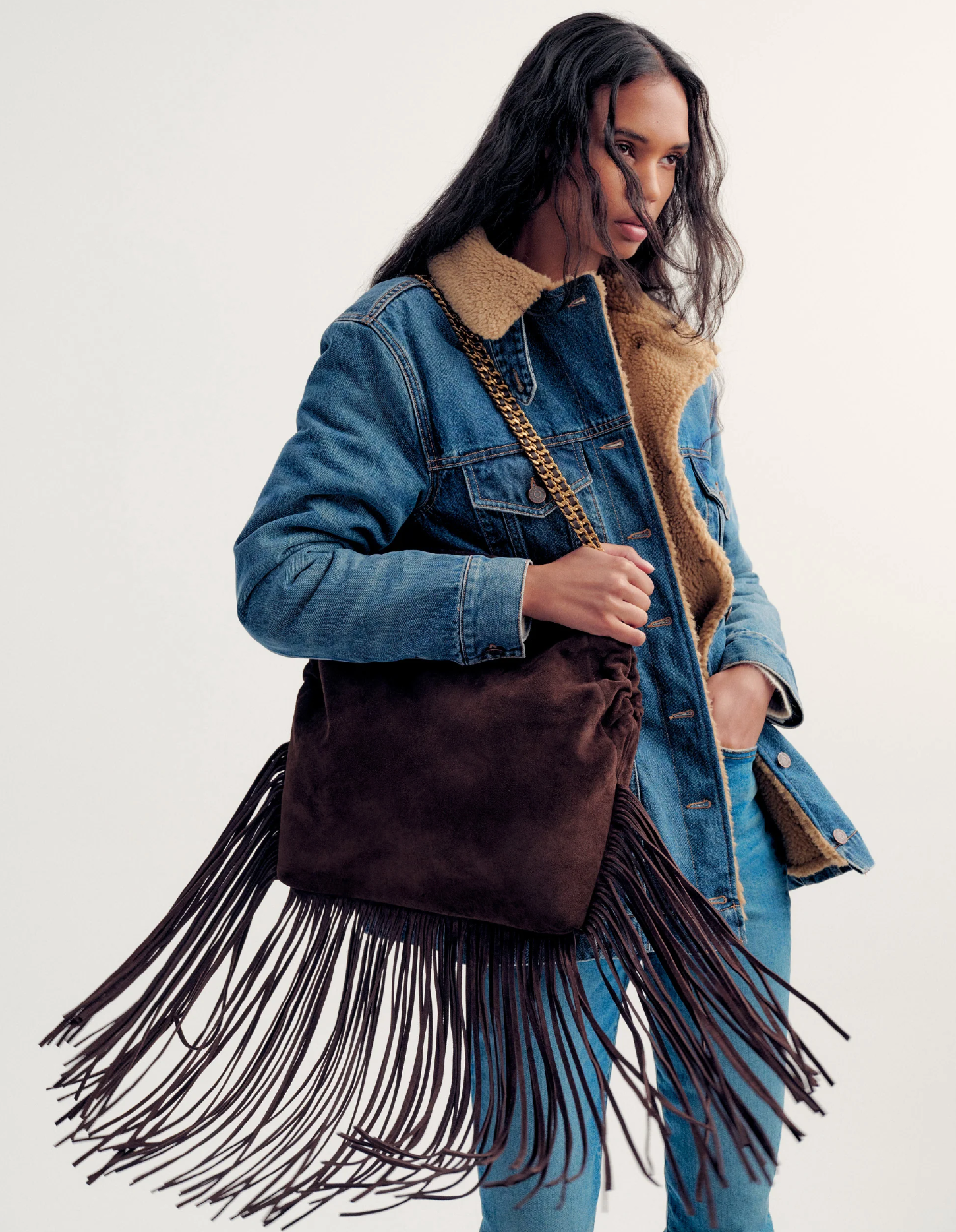LARGE SUEDE FRINGE SLOUCH SHOULDER BAG ESPRESSO