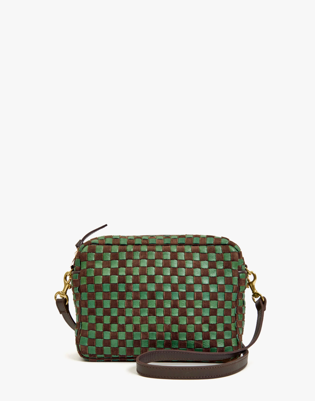 MIDI SAC LEATHER & SUEDE WOVEN CHECKER DEEP PINE/CHOCOLATE