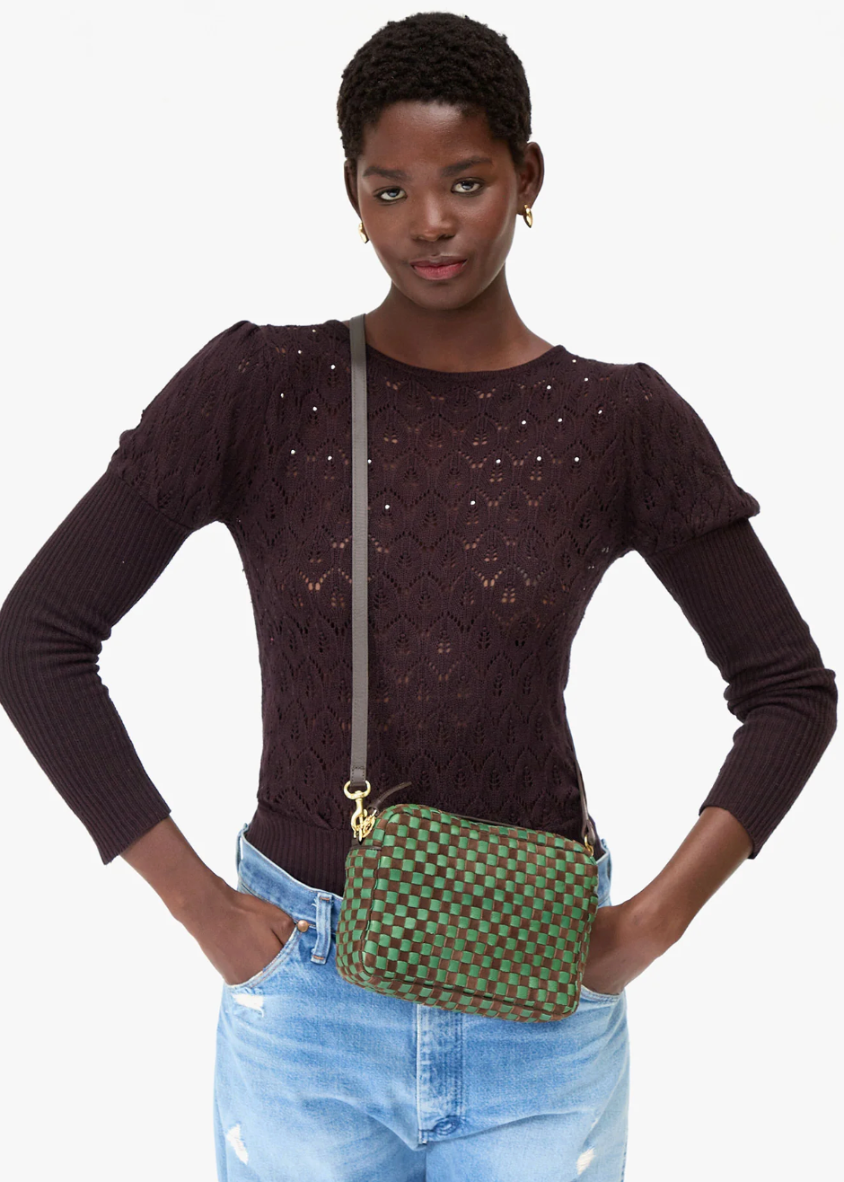 MIDI SAC LEATHER & SUEDE WOVEN CHECKER DEEP PINE/CHOCOLATE