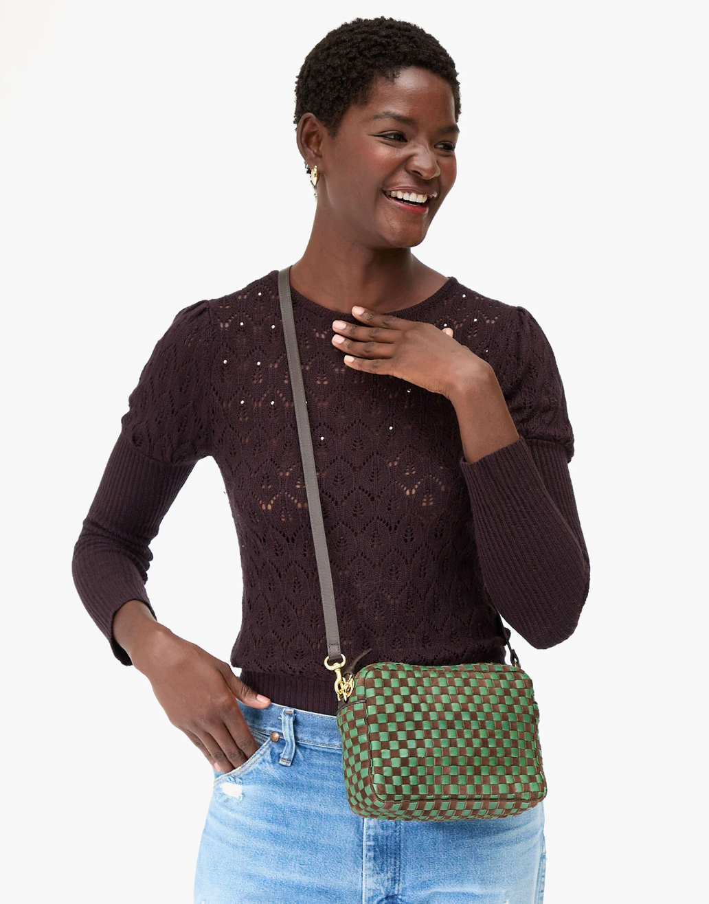 MIDI SAC LEATHER & SUEDE WOVEN CHECKER DEEP PINE/CHOCOLATE