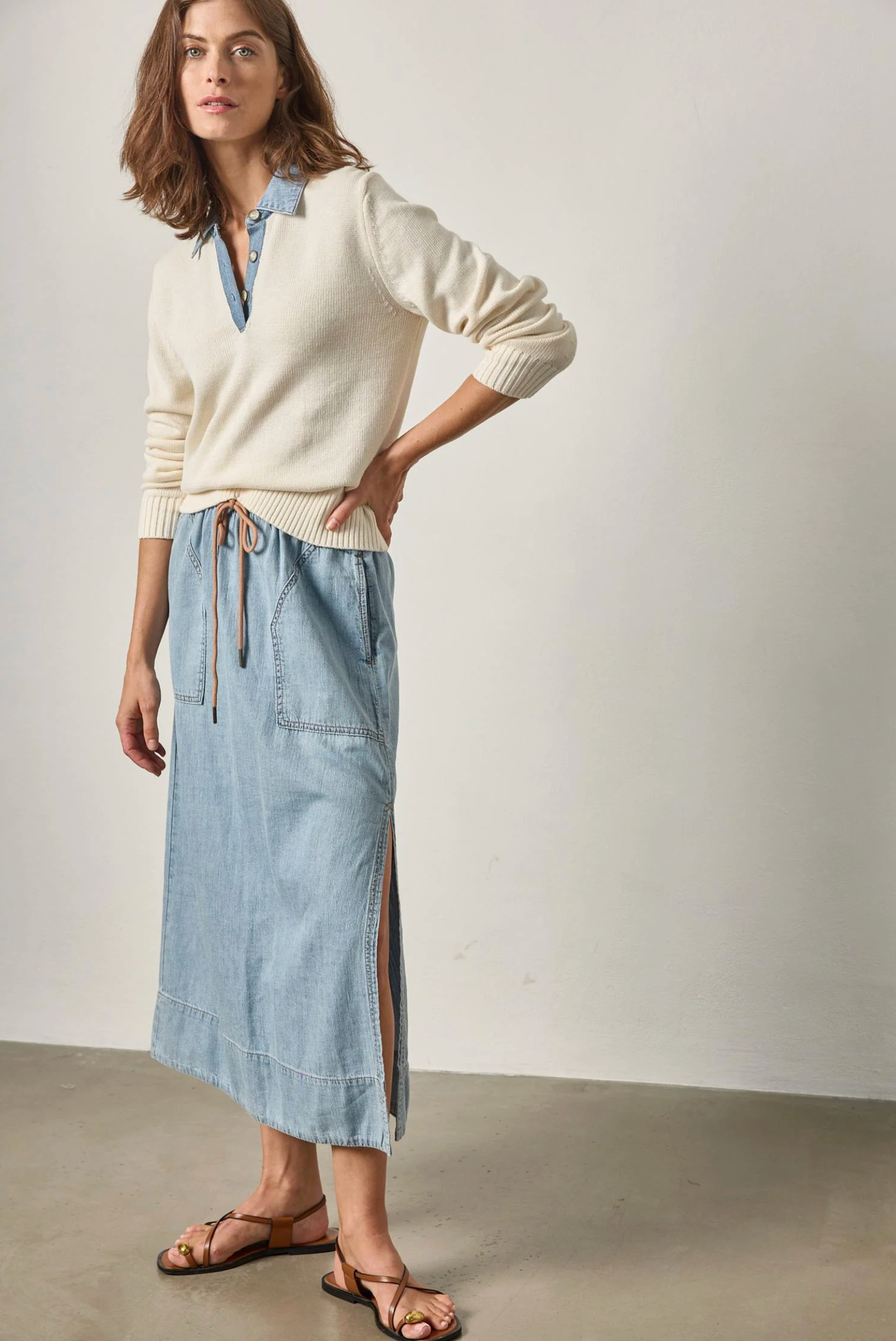 DENIM COLLAR POLO SWEATER