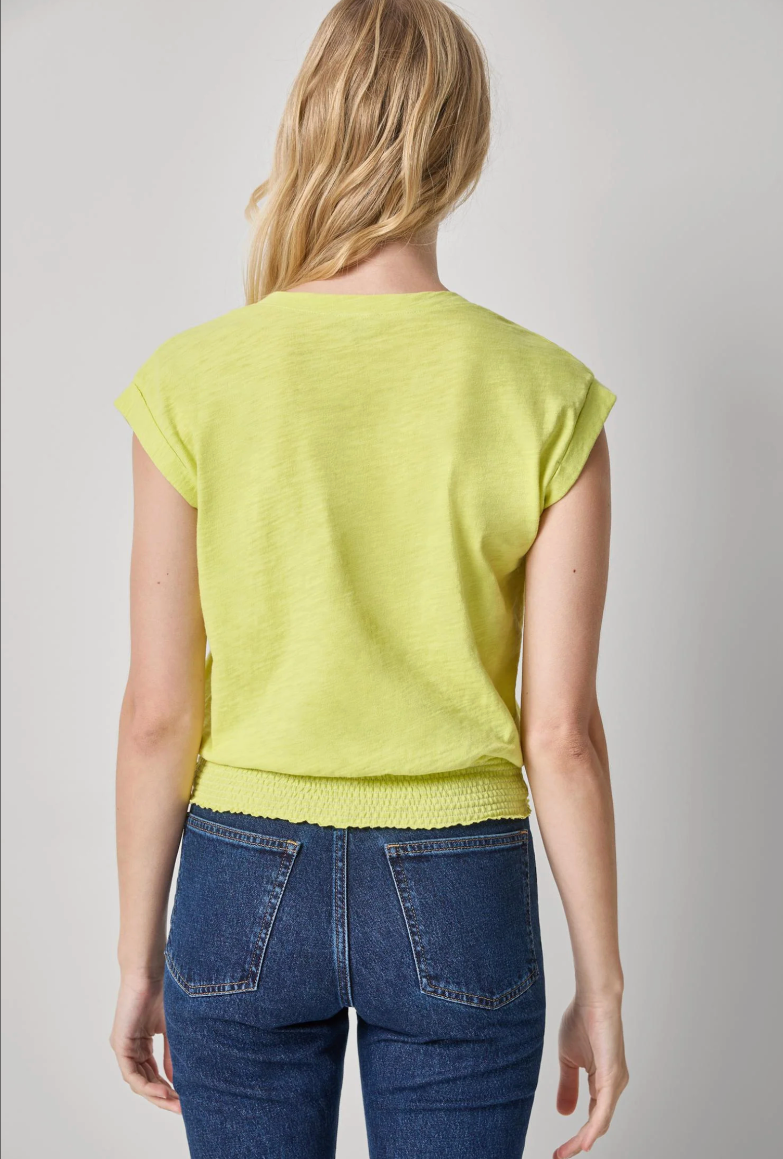 SMOCKED HEM V-NECK