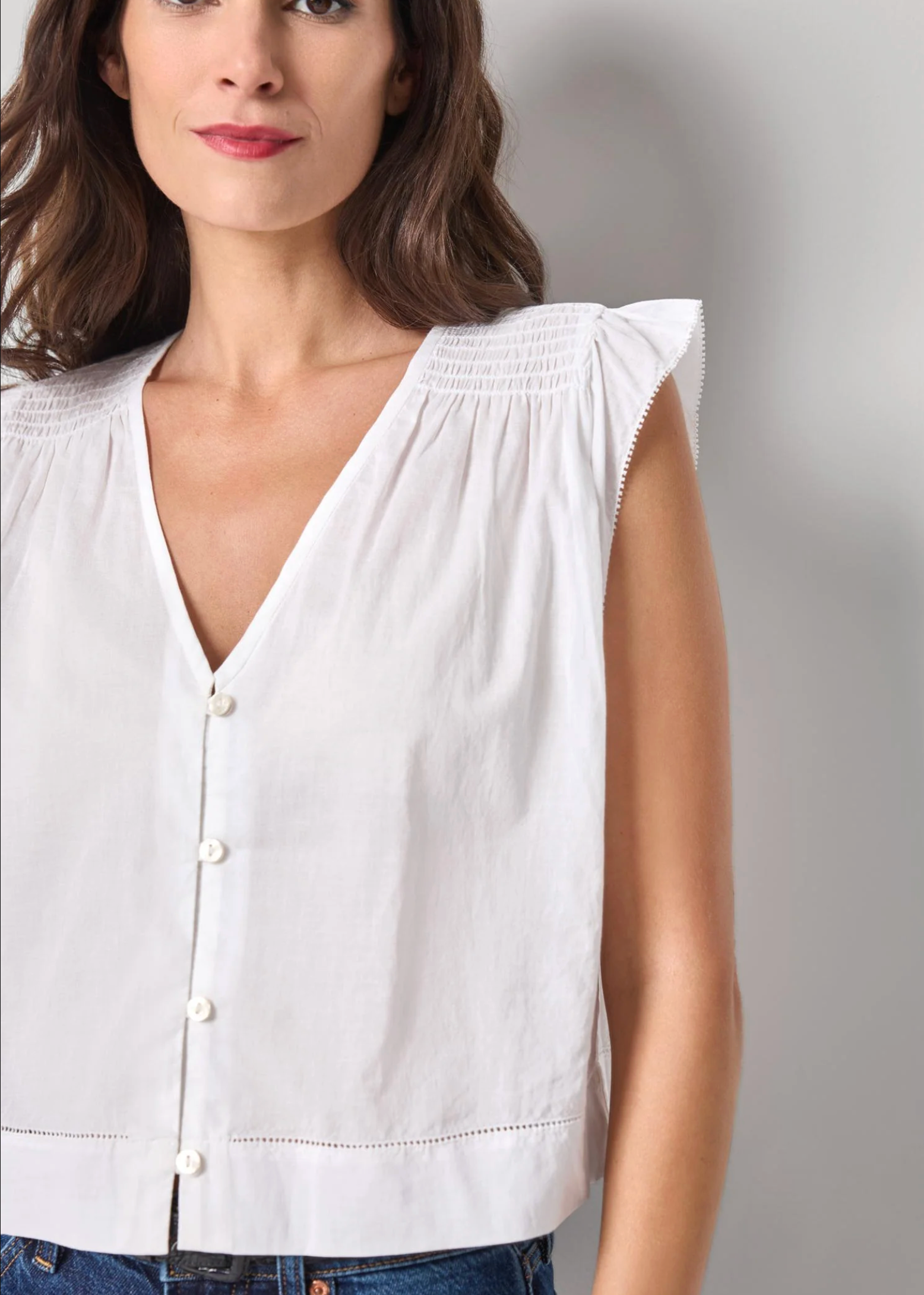SMOCKED SHOULDER V-NECK