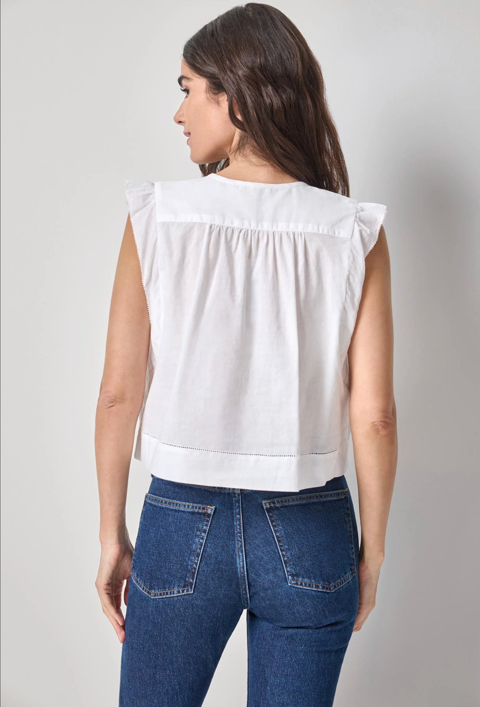 SMOCKED SHOULDER V-NECK